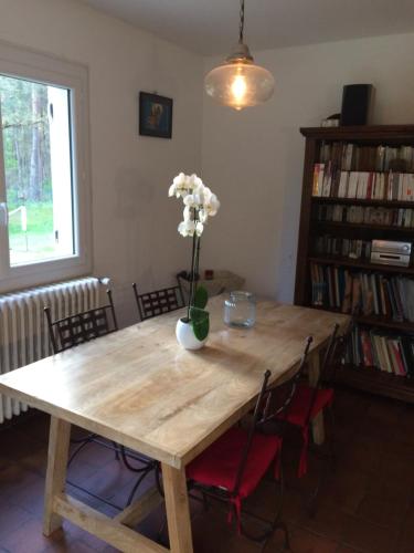 une table en bois avec un vase de fleurs dessus dans l'établissement Maison au coeur du Massif des Trois Pignons, à Noisy-sur-École
