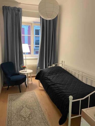 um quarto com uma cama, uma cadeira e uma janela em Stylish cozy apartment in graz em Graz