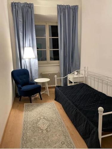 um quarto com uma cama, uma cadeira e uma mesa em Stylish cozy apartment in graz em Graz