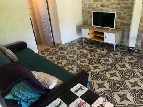 uma sala de estar com uma televisão e um sofá em Gîte Figuier au Mas Dujau em Saint-Sauveur-de-Cruzières