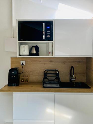 La cuisine est équipée d'un four micro-ondes et d'un évier. dans l'établissement L'Hortensia Saint Aubin, à Toulouse