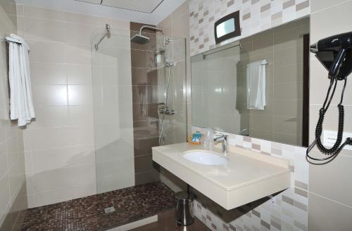 a white bathroom with a sink and a shower at Hotel Ciudad de Plasencia in Plasencia