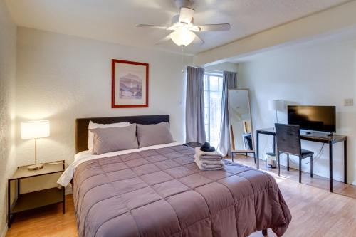un dormitorio con una cama con un gato sentado en una manta en Charming Albuquerque Apartment Near Old Town!, en Albuquerque
