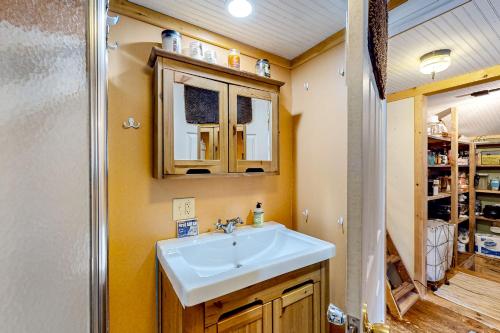 ein Bad mit einem Waschbecken und einem Spiegel in der Unterkunft Sugarloaf Valley Escape in Carrabassett