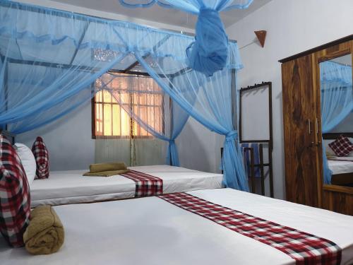 a room with three beds with blue drapes and a window at Shasee Rest-Mirissa in Mirissa