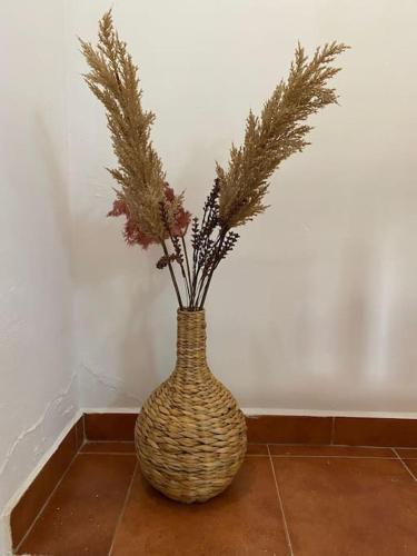 a vase with plants in it sitting on a floor at Castle House Xativa in Xàtiva
