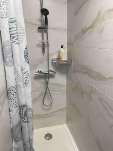 une salle de bain avec une douche avec un rideau de douche dans l'établissement Apt Charmant, Proche Gare et Centre Historique - Climatisation et WIFI, à Montpellier