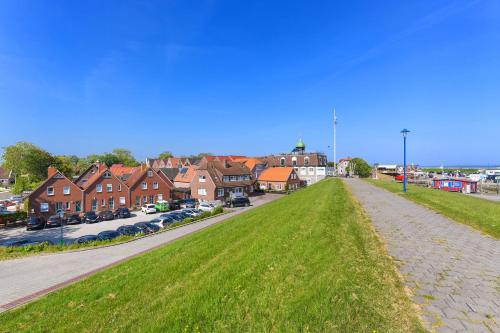 a grassy hill in front of a town with houses at Ferienwohnung Baltrum Inselhaus am Deich in Neuharlingersiel