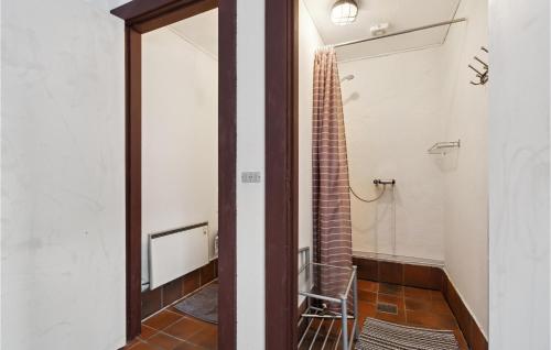 uma casa de banho com uma cabina de duche ao nível do chão ao lado de uma porta em Awesome Apartment In Ringkbing With Wifi em Ringkøbing