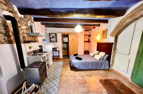 1 dormitorio con 1 cama y lavamanos en una habitación en Estudio en masía Can Mon, en Anglés