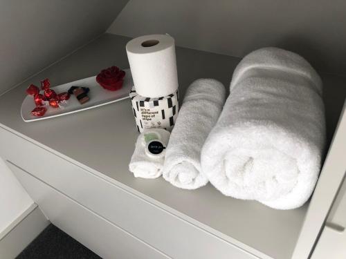 a shelf with towels and a roll of toilet paper at Perfect Pad for Solo Travelers in Norwood