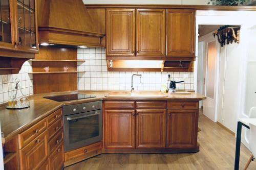 - une cuisine avec des placards en bois et un évier dans l'établissement Nikis apartment, à Larissa