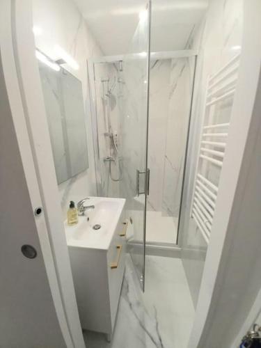 une salle de bain blanche avec une douche et un lavabo dans l'établissement Très Joli Studio à 150 m de la mer, à Nice