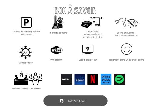 a set of landing page for a survey with black icons at Loft Zen SPA Balneo Parking Gratuit Sauna Hammam Billard in Agen
