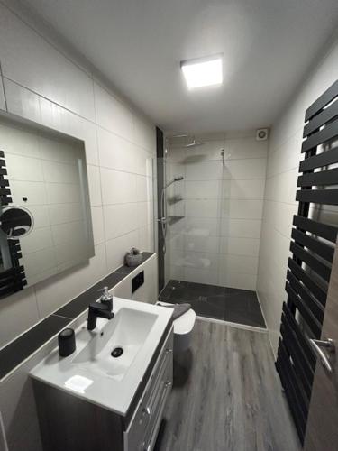 ein Bad mit einem WC, einem Waschbecken und einer Dusche in der Unterkunft Haus Pop in Borkum