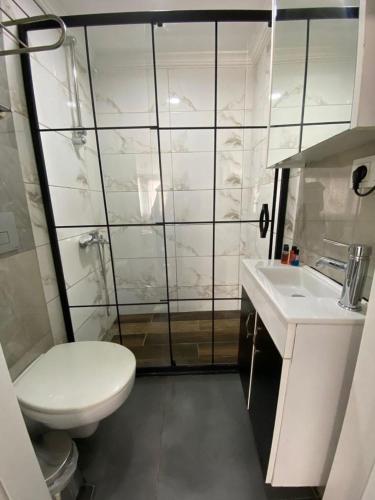 ein weißes Bad mit einem WC und einem Waschbecken in der Unterkunft Kadıköy Miski Amber in Istanbul