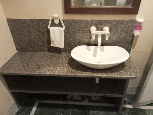 a bathroom counter with a white sink on it at Ananda Krishna Van in Vrindāvan