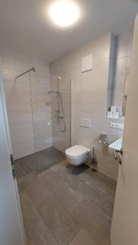 a bathroom with a shower and a toilet and a sink at Landhotel Häuserl im Wald in Gröbming