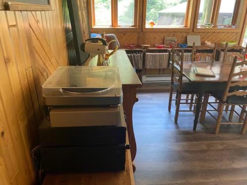 a sewing machine sitting on a counter in a room at Chalet "Ici et maintenant, sur le lac" in Sainte-Marguerite