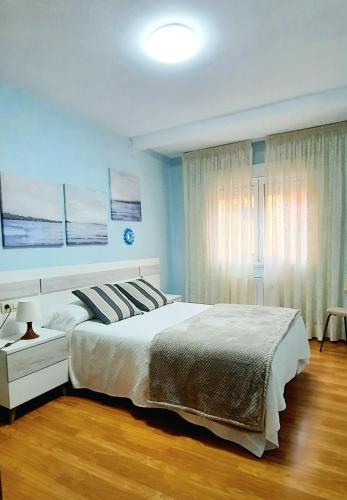 a bedroom with a large bed and a window at Apartamento Obao in Ribadeo