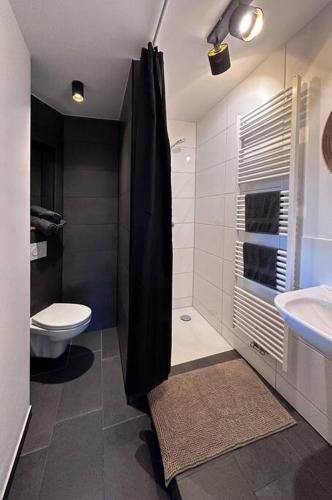 a bathroom with a shower and a toilet and a sink at Woody Cabin in Buttelstedt