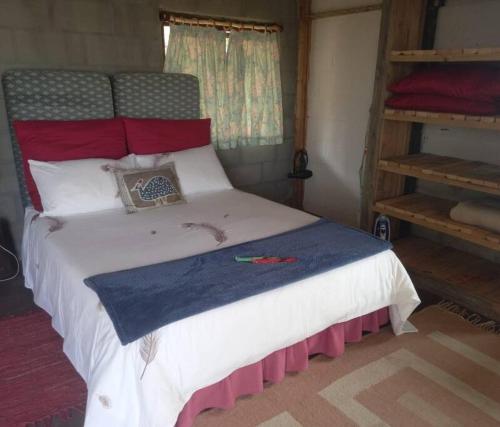 Un dormitorio con una cama grande con almohadas rojas y blancas. en Peaceful Farm cottage, organic, lovely views., en Joubertina