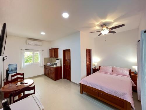 1 dormitorio con 1 cama y ventilador de techo en Seremei Villas en Caye Caulker