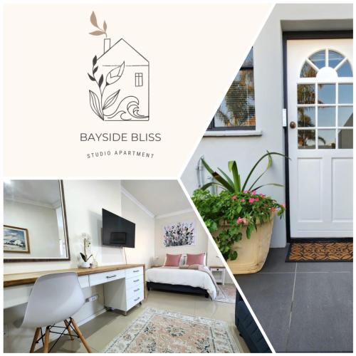 a room with a desk and a bed and a door at Bayside Bliss Studio Apartment in Summerstrand