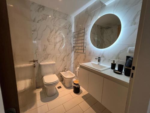 a bathroom with a toilet and a sink and a mirror at DEPARTAMENTO ENTERO CON SERVICIOS excelente in Buenos Aires