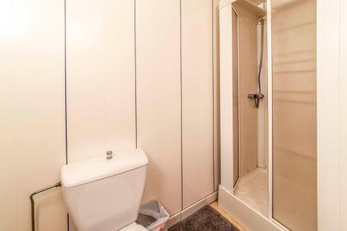 a white bathroom with a toilet and a shower at A Tchapè Mèlé in Gouvy