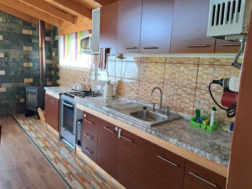 a kitchen with a sink and a counter top at Cabañas Tripanko Chiloe in Ancud