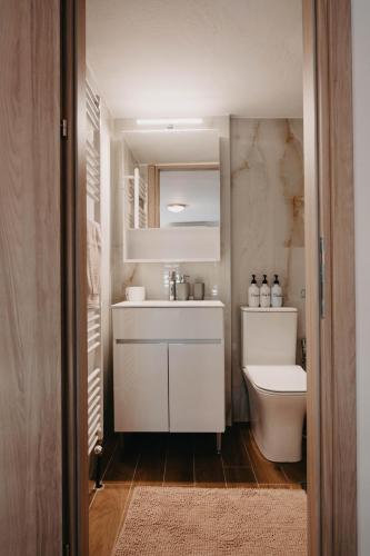 a bathroom with a white sink and a toilet at Minimal Condo in Tríkala