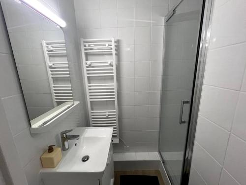La salle de bains blanche est pourvue d'un lavabo et d'un miroir. dans l'établissement Appartement proche tramway, à Vitry-sur-Seine