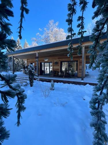 a log cabin in the snow with trees at Les Écrins du Val de Mouthe, JURA in Petite Chaux