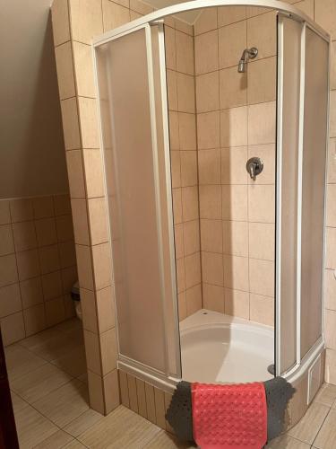 a shower with a glass door in a bathroom at Penzión Serafín in Ružomberok