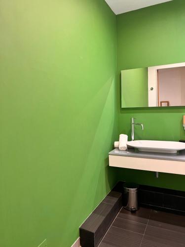 a green bathroom with a sink and a mirror at Santateresa in Bonifacio