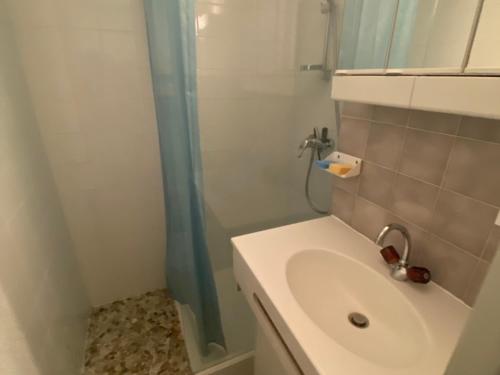 une salle de bain avec un lavabo et une douche dans l'établissement Studio à 750m du Domaine Skiable du Linga avec Balcon et Parking Privé - FR-1-693-106, à Châtel