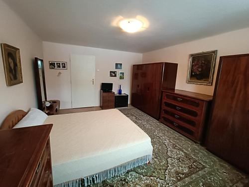 een slaapkamer met een bed en een dressoir bij 3 pokoje v rodinném domě, sdílená kuchyně s hostitelkou (homestay) in Samotíšky