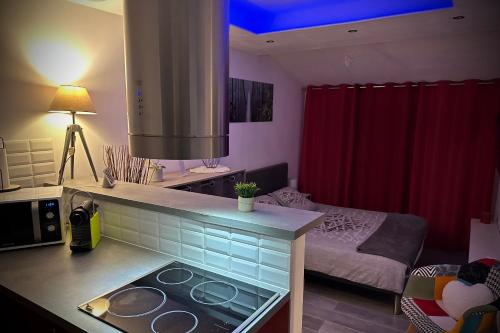 uma cozinha com uma placa de fogão num quarto em Studio indépendant Pa Ni Pwoblem em Vitrolles