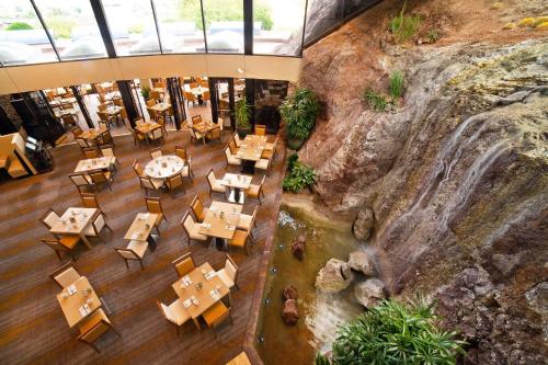 テンピにあるPhoenix Marriott Resort Tempe at The Buttesの滝のあるレストランの上から見える