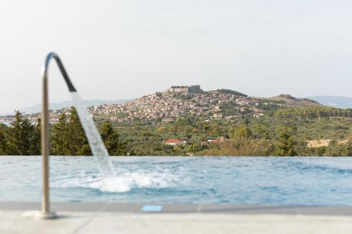 een fontein in een zwembad met een heuvel op de achtergrond bij Lampetos Houses Molyvos in Mithimna