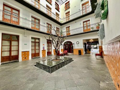 un patio con un árbol en el medio de un edificio en Hotel Puebla Plaza en Puebla