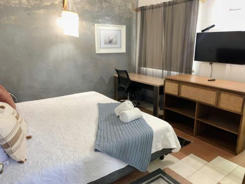 a hotel room with a bed and a desk with a television at Casa Miranda Balbuena in Guadalajara