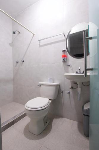 a bathroom with a toilet and a sink and a mirror at Hotel Villa 12 TX in Tequisquiapan