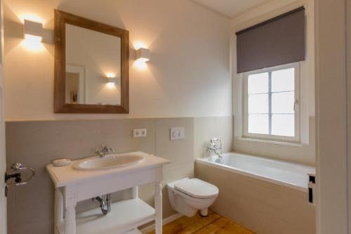 a bathroom with a sink and a toilet and a mirror at Apartment Schloßblick in Langenburg