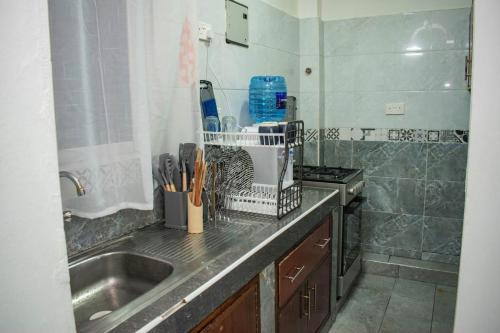 a kitchen counter with a sink and a stove at Missy Hidden gem in Mombasa