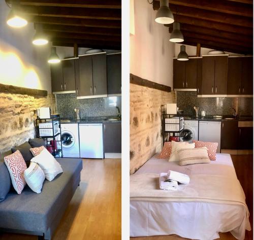 two pictures of a room with a bed and a kitchen at Apartamento Canónigo - terraza con vistas in Toledo