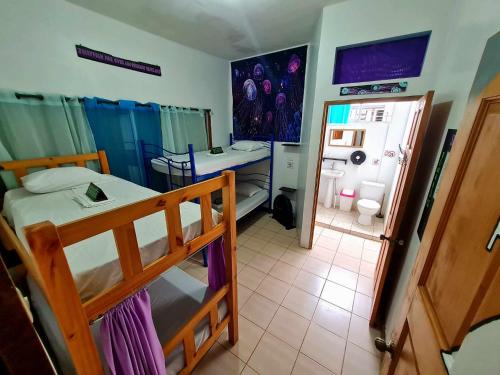 a bedroom with a bunk bed and a bathroom at Slow Monkey Hostel in Santa Teresa Beach