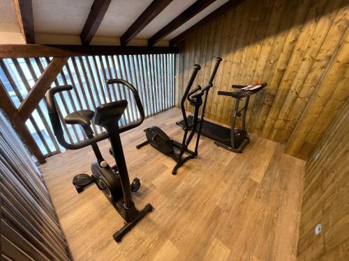 - une vue de tête sur une salle de sport avec deux vélos d'exercice dans l'établissement Esprit Jaune - Cosy studio Salengro - Sauna & Sport club, à Mulhouse