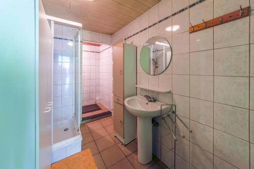 a bathroom with a sink and a mirror and a shower at Les Bucherons in Awenne